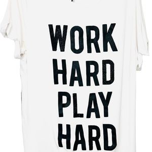 Simply Be Work Hard Play Hard T-shirt in white and black  with beaded de…